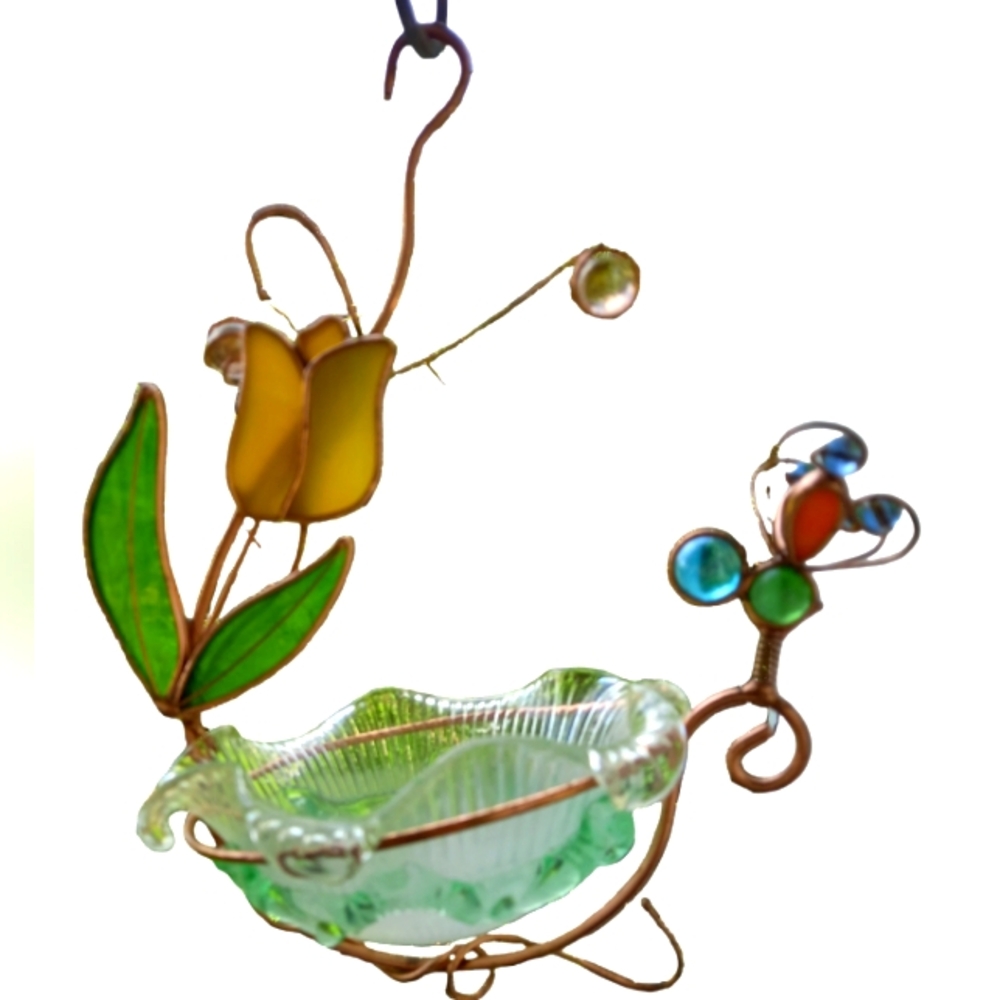 Copper bird feeder with stained glass